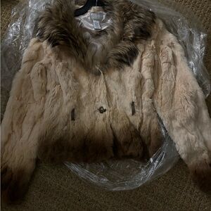 New Alberto Makali Cream and Brown Teddy fur Jacket  Plush Fur Collar Size Small
